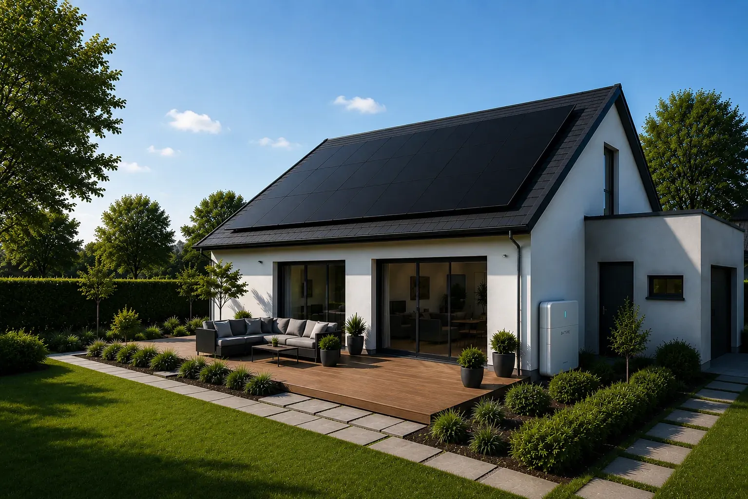 Maison équipée de panneaux solaires en journée