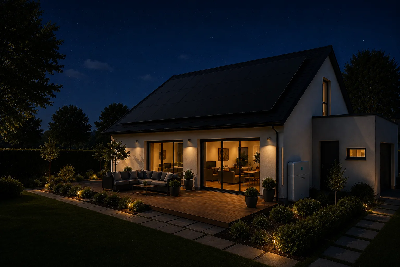 Même maison équipée de panneaux solaires de nuit