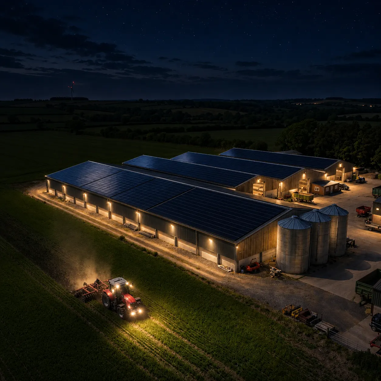 Bâtiment agricole de nuit